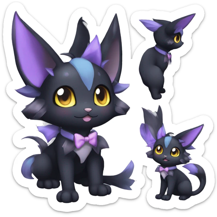 Shiny Cool Edgy pastel Black beautiful ethereal fantasy Kawaii Sona Umbreon-Noibat-Litten-Fakemon-cat-animal with edgy bat-ears bow tie black mane vtuber model Full Body sticker