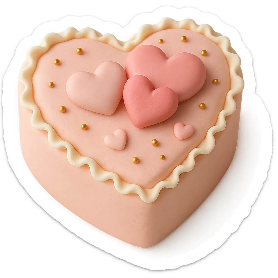 heart-shaped fondant cake with edible gold beads, fondant cake art style sticker