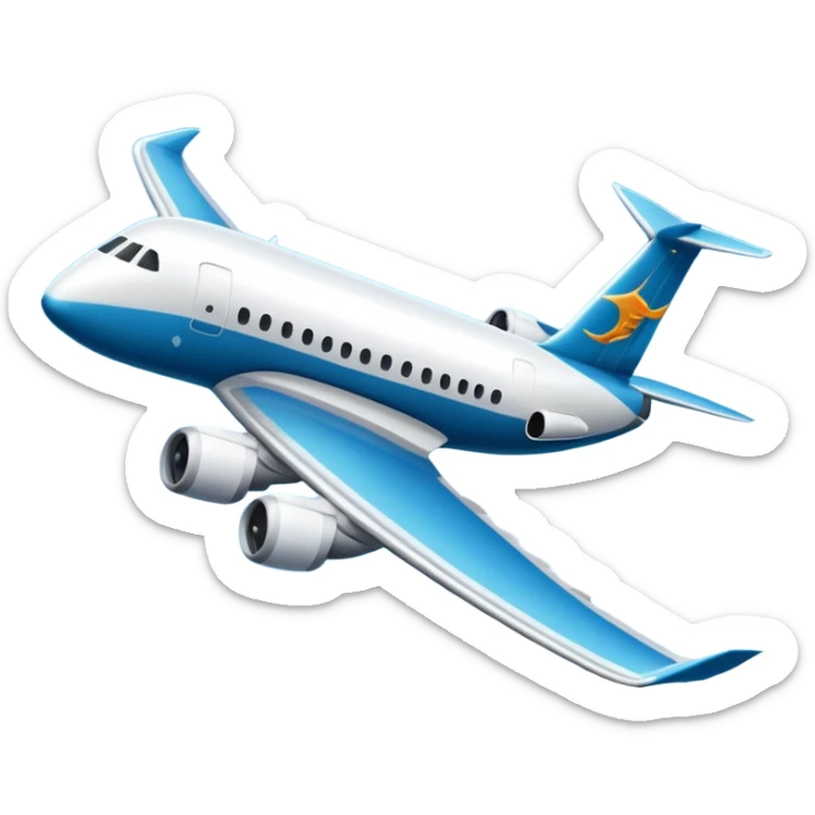 A wide-body aircraft with tall tail fins and glowing cabin windows cruising at high altitude.
 sticker
