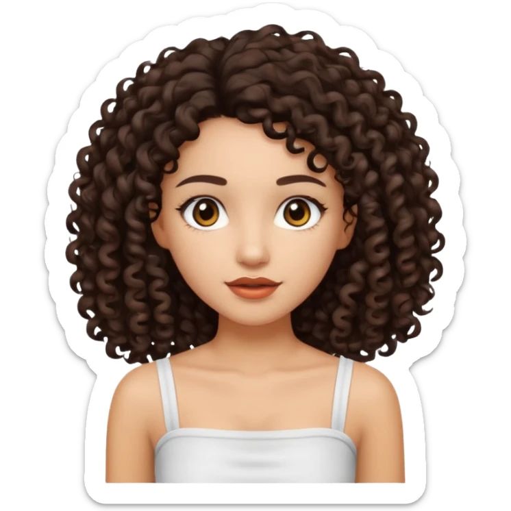 Woman with light skin and dark brown eyes and dark brown long curly hair and white tube top sticker