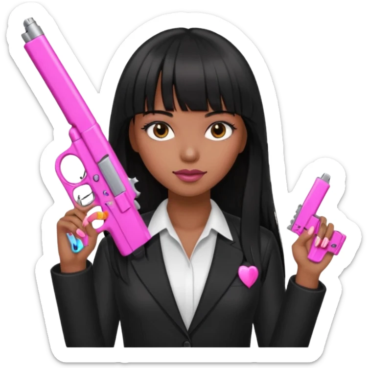 brownGirl long hair with bangs hand pink nails holding pink gun sticker