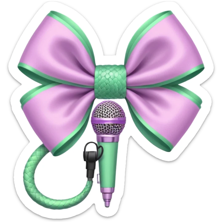 A pastel pink bow with a pastel green snake on the top of one side and a pastel purple microphone on the bottom of the other side sticker