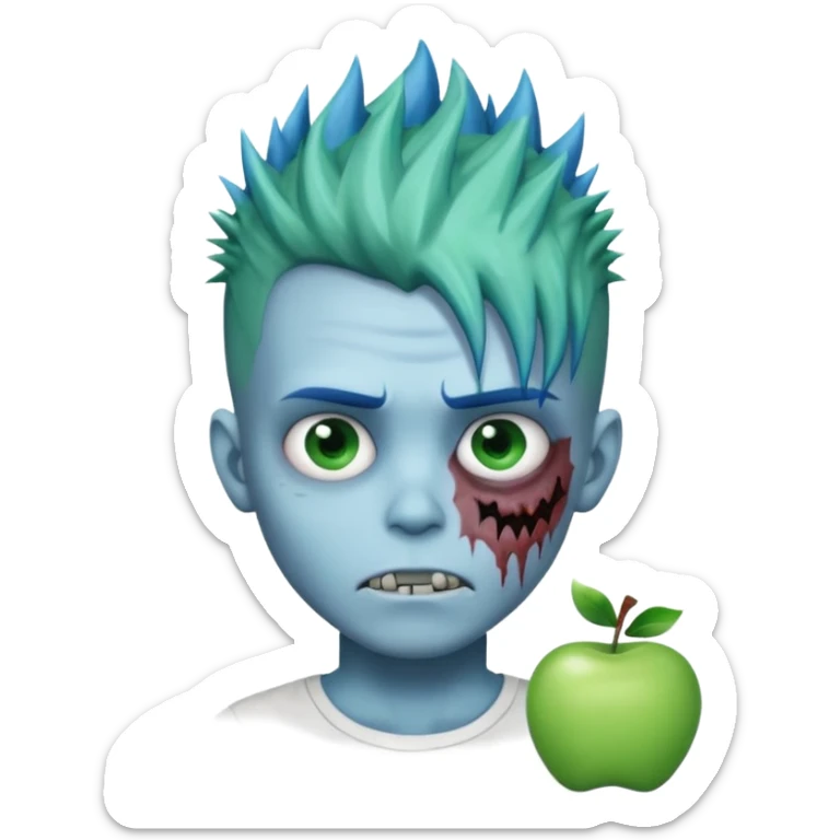 zombie boy with blue-tinted spiky hair, white shirt, cartoonish green face, apple emoji style sticker