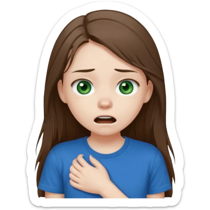 Cute girl with pale skin, long brown hair, dark green eyes, blue t shirt who is chocked sticker