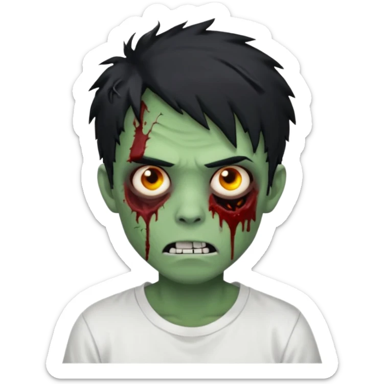 Rosto de frente classico de zombie boca meio torta cabelos medios grandes pretos bagunçados low fade com pele verde clara camiseta branca sem nenhum sangue no rosto e com cabelo bem adolescente e bagunçado sticker