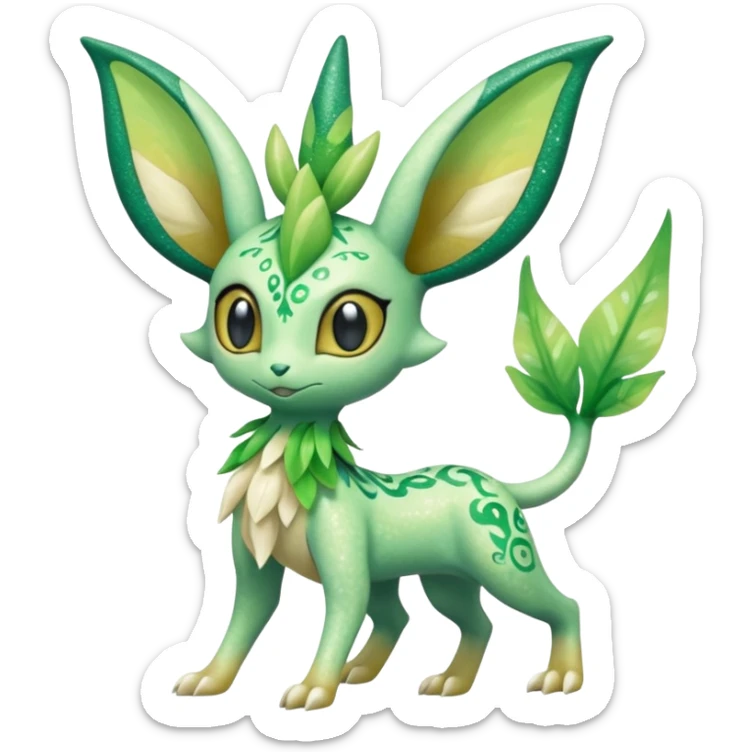Sparkly White And Green Natural Flowery Colorful Grovyle-Leafeon-Celebi-Fakémon-hybrid-creature (full body)  sticker