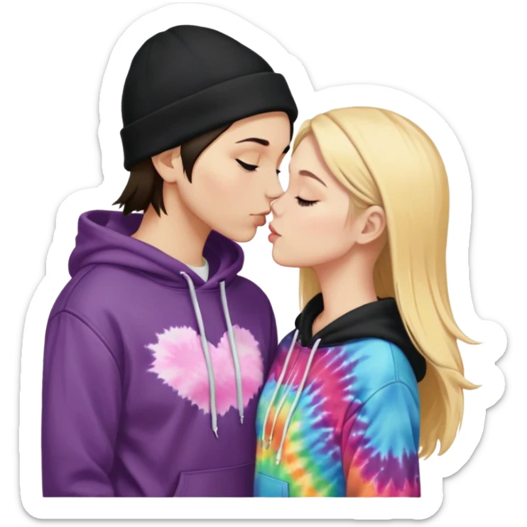 Short brunette haired white girl in a hoodie and a black beanie kissing a tall short long blonde haired girl wearing a black beanie and a tiedye hoodie sticker