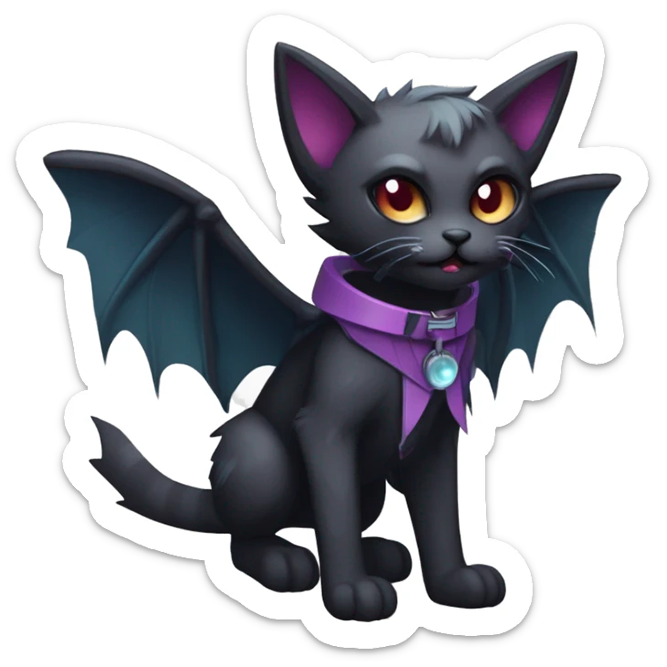   cool edgy kawaii ethereal dark-punk-themed animal vampiric cat-hybrid Fakemon with fangs and bat-wing-ears with a collar full body sticker
