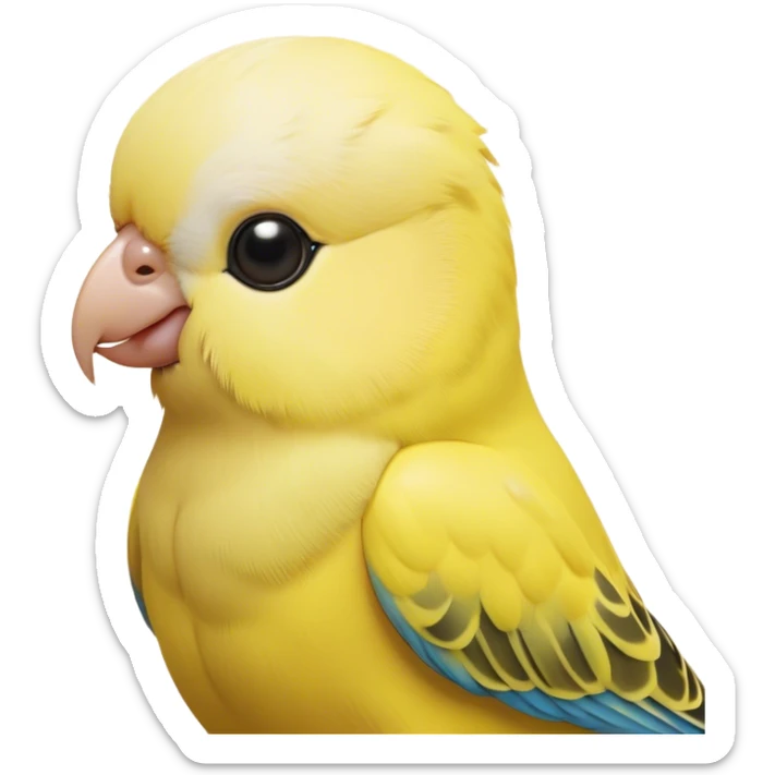 Cinematic Noble Yellow Budgie Portrait Emoji, Poised and regal, with a petite, delicate build and a smooth, well-groomed fur of brilliant yellow feathers, deep-set soulful dark eyes, Simplified yet sharp and sophisticated features, highly detailed, glowing with a soft, dignified glow, high shine, intelligent and charming, stylized with an air of elegance, focused and attentive, soft glowing outline, capturing the essence of a watchful and confident avian companion, so majestic it feels as though it could flutter out of the screen with effortless authority! sticker