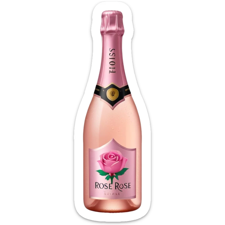 bottle of sparkling rosé with a rose logo on the label, tilted up and to the left, no glass sticker