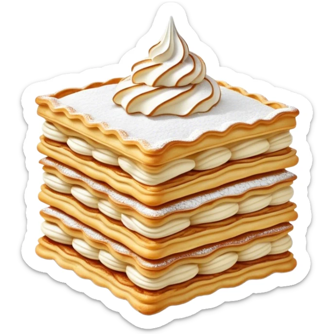 Cinematic Realistic Mille-Feuille Dessert Emoji, depicted as layered puff pastry with rich cream and a dusting of powdered sugar rendered with intricate textures and elegant, soft lighting. sticker