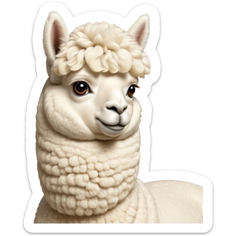 Cinematic Noble Cream Alpaca Portrait Emoji, Poised and regal, with a graceful, sturdy build and a luxuriously soft, well-groomed cream fleece, deep-set soulful gentle eyes, Simplified yet sharp and sophisticated features, highly detailed, glowing with a soft, dignified glow, high shine, intelligent and serene, stylized with an air of pastoral elegance, focused and attentive, soft glowing outline, capturing the essence of a watchful and confident companion, so majestic it feels as though it could stride out of the screen with effortless authority! sticker