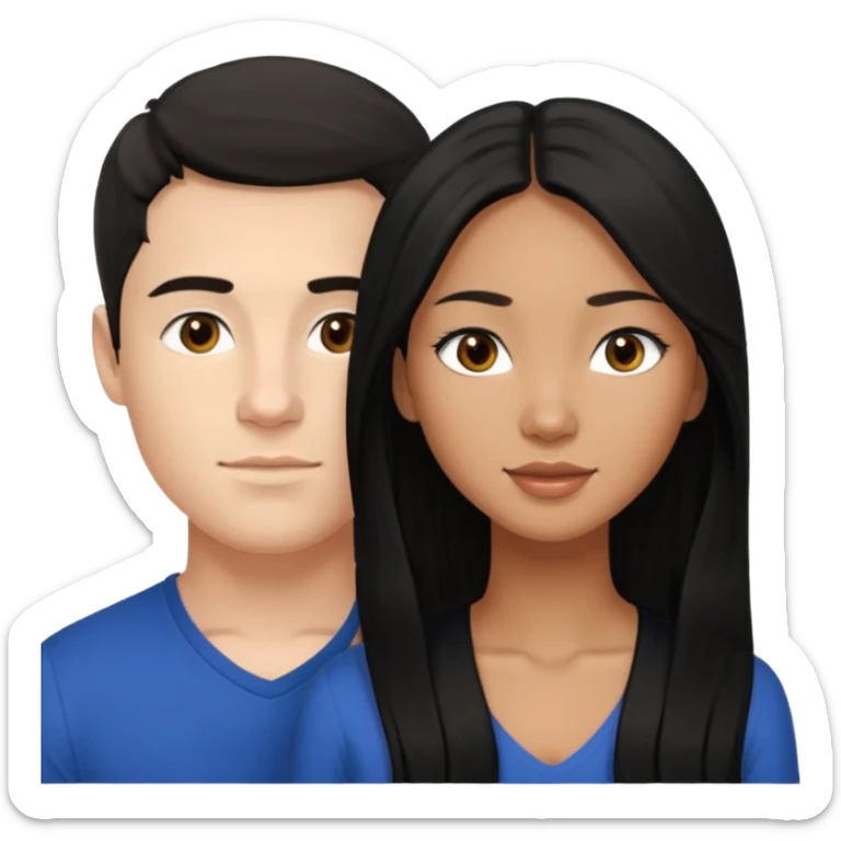 Mixed race couple, white male with mixed female (asian & black)
the female is more asian than she is black, she has long hair and very tanned skin, and black eyes
The male is french, he has thick luscious hair sticker