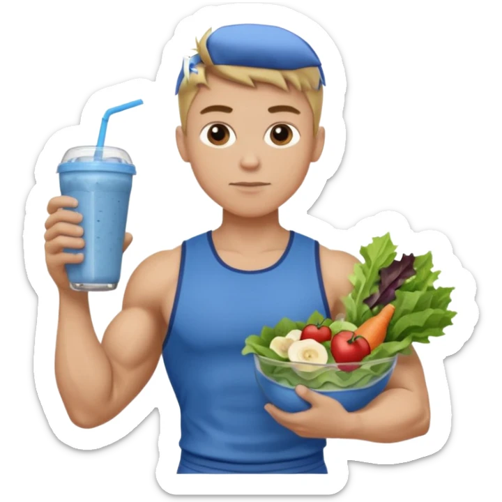 A young male person with a muscular, well-defined build. He has short dark blonde hair, a medium light skin tone, and a neutral facial expression. He wears blue cloth. He is holding a salad in one hand and a protein shake in the other. sticker