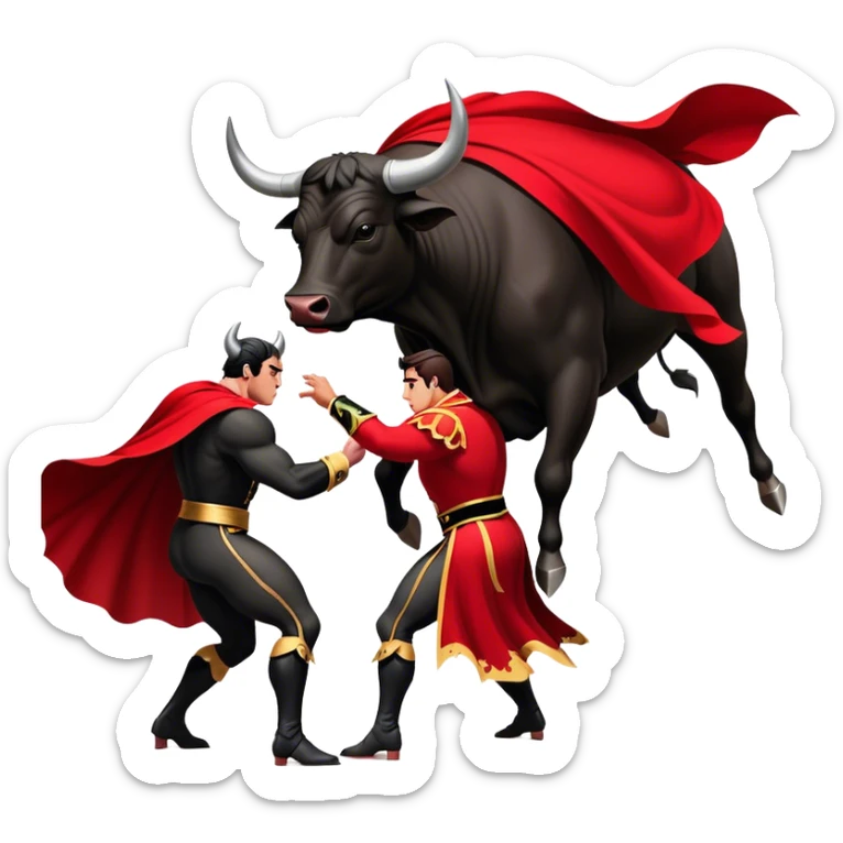 ​Cinematic Realistic black charging bull, against a matador depicted in a flowing red cape, captured in the dramatic moment of confronting a charging bull in a traditional bullring, rendered with dynamic motion and dramatic lighting that encapsulates the intensity and artistry of the spectacle, sticker
