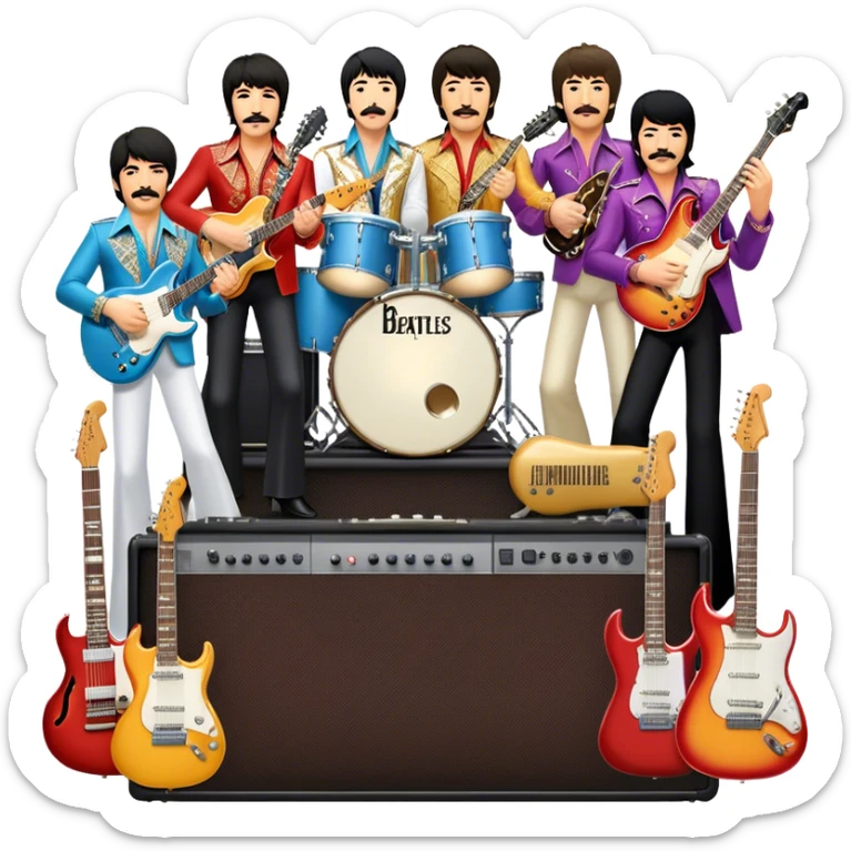 Rock music icon: dynamic collage of global rock legends like The Beatles, Jimi Hendrix, Elvis Presley, Freddy Mercury and Curt Cobane, surrounded by guitars, amplifiers, and stage lights. Symbolizing the energy and power of rock music. Transparent background. sticker