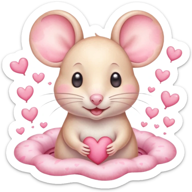 This is a cute watercolor illustration of a small, cream cartoon mouse with large, round, pink-lined ears. The mouse has heart eyes, a small open mouth, and is surrounded by floating pink hearts, conveying a feeling of love, adoration, or strong affection. sticker