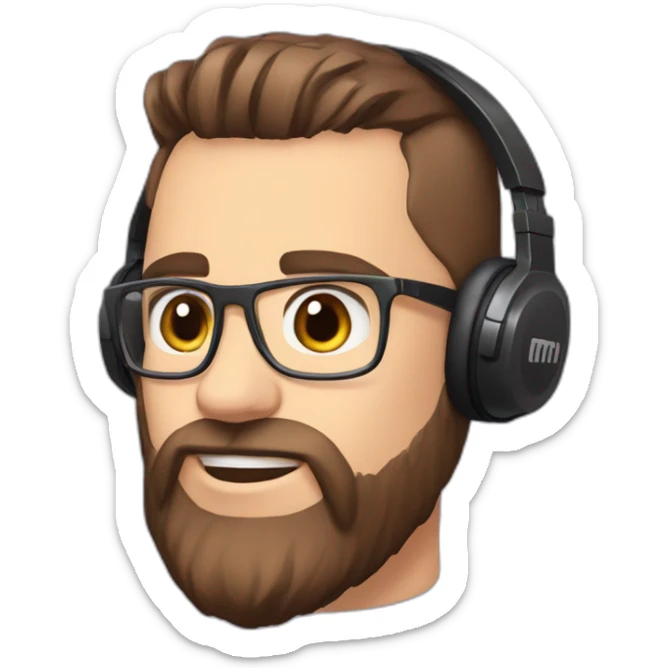 twitch emote husband with brown hair fade haircut and a full beard with blue eyes wearing gaming headset, mad sticker