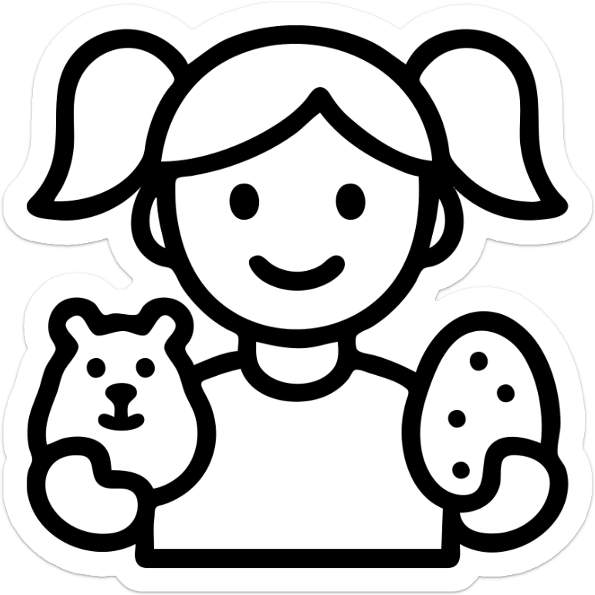 Outlined icon style of a girl with two ponytails holding a hamster and a potato, minimal color sticker