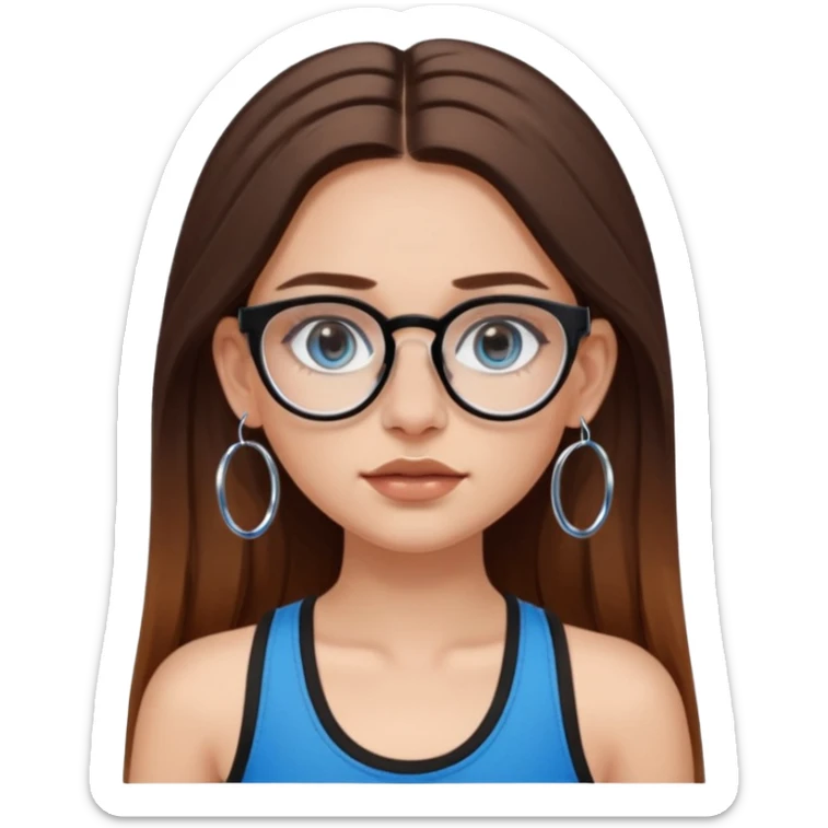 White girl with long brown hair, part going more to the RIGHT side, BLUE eyes, wearing BLACK plastic frame glasses that go from black to CLEAR ombré from top to bottom. SEPTUM nose piercing hoop, AND stud nose piercing on right side of nose. Wearing BLACK tank top. Wearing big hoop earrings  sticker