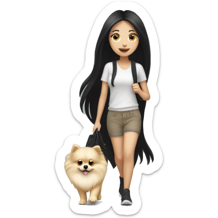 pale girl with long black hair walking with pomeranian sticker