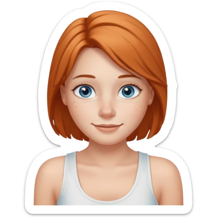 Una chica de tez blanca con pecas, nariz respingada, labios gruesos, ojos grandes color azul grisáceo, pelo largo, lacio, color avellana. Con una blusa de tirantes blanca. Que este sonriendo y q solo se vea de la cintura hacía arriba sticker