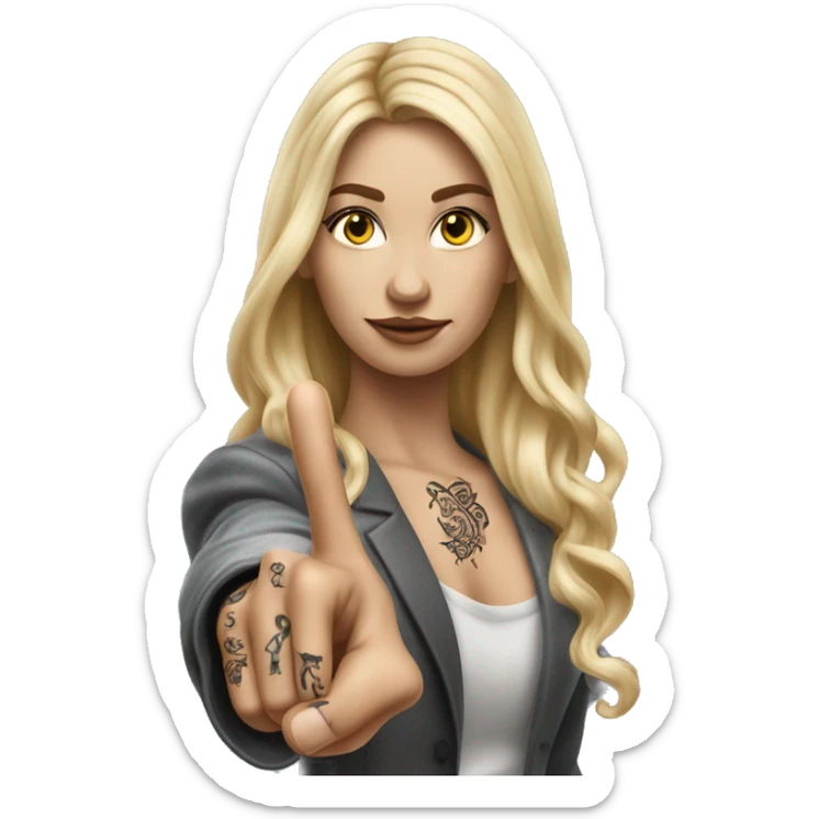 Blonde elegant women with LONG HAIR, her Body Covered with Tattoos, POINTING YOU FORWARD with her HAND with INDEX FINGER, Hyper Realistic sticker