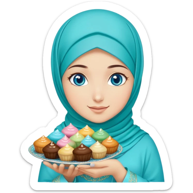 Turkish beautiful finish Konya girl blue eyes with turkis hijab islamic dress and had on her hand text Eid Mubarak with sweets and celebrating with her friends eid days   sticker