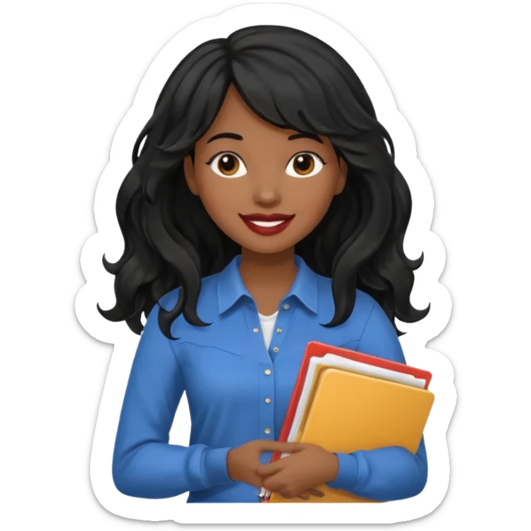 A young woman with long black hair, a wavy frange falling on half of her head. There's a long wavy stretch of hair falling on the side of her head. She's black, medium to dark skinned with thick lips. She's holding folders, and she's a CEO, but she's wearing casual clothes. sticker