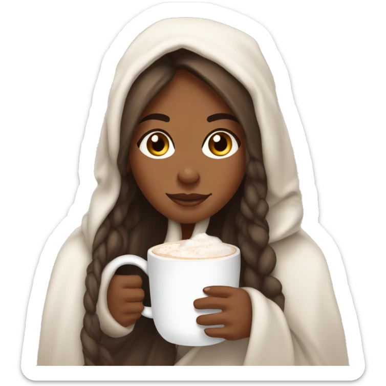 brownskin girl with long straight hair wrapped in a cozy white blanket holding a mug of steaming hot cocoa sticker