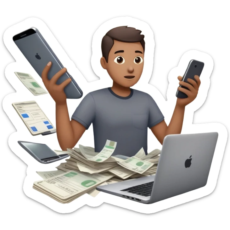 person holding a phone in one hand, laptop open in front, storm of receipts, invoices, and reminders swirling around, multitasking chaos sticker