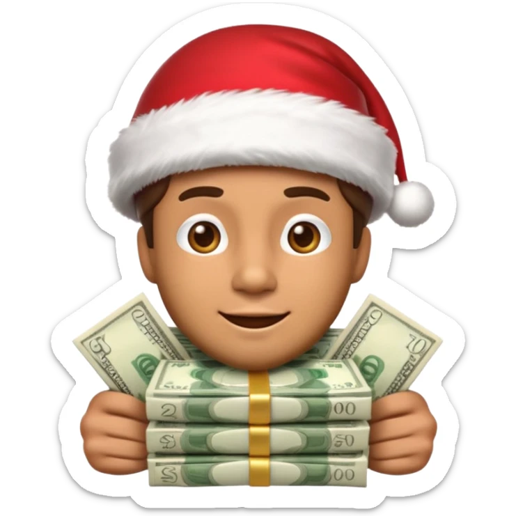 A confident rich emoji face wearing a Santa hat, money stacks, casino vibe, New Year theme, premium 3D emoji style, sharp details, no text, isolated on transparent background sticker