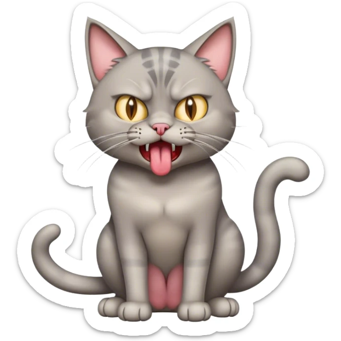 Angry all gray cat with tongue sticking out and full body sticker