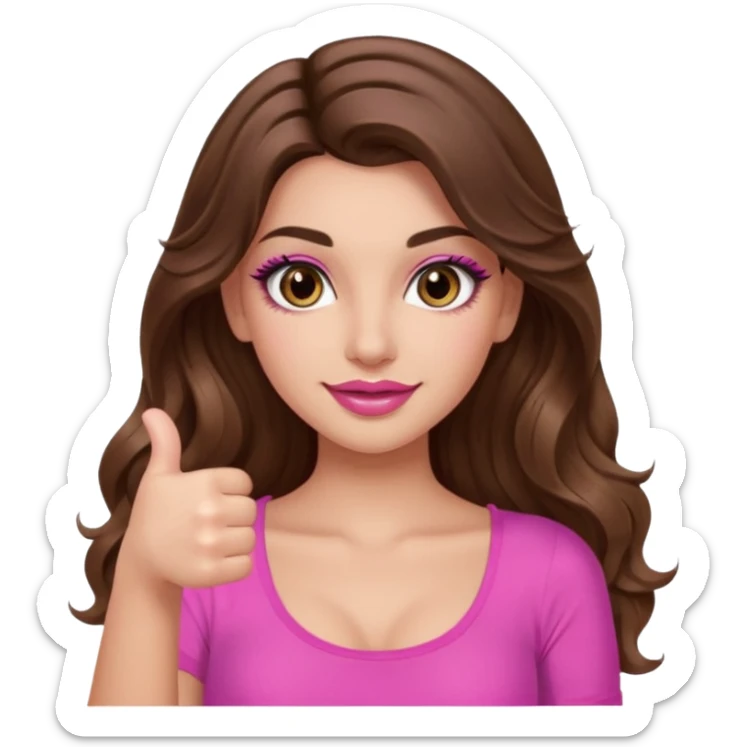 girl with long wavy brown hair, brown eyes, long lashes makeup, sexy pink lips, light to medium complexion, wearing a pink sexy top, thumbs up sticker