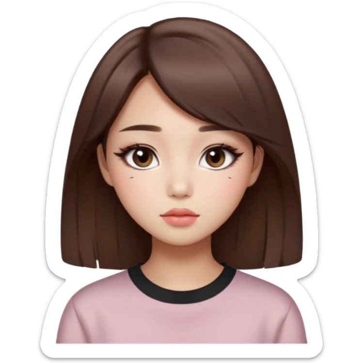 “korean straight brown hair Emoji girl, soft eyeliner and blush, gradient lips, light brown shimmer eyeshadow sticker