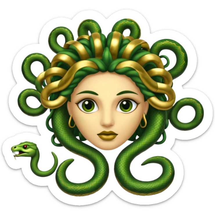 The Sicilian Medusa in gold and green and make the snake hair have snake faces  sticker