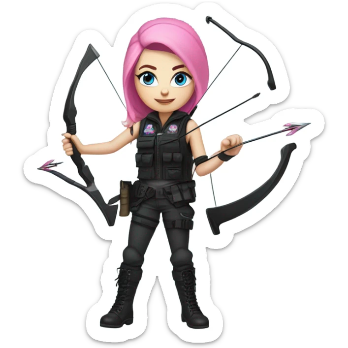 girl, white skin, tactical vest, dark pants, pink hair, blue eyes, black beanie hat with crescent moon on front, black combat boots, bow and arrow sticker