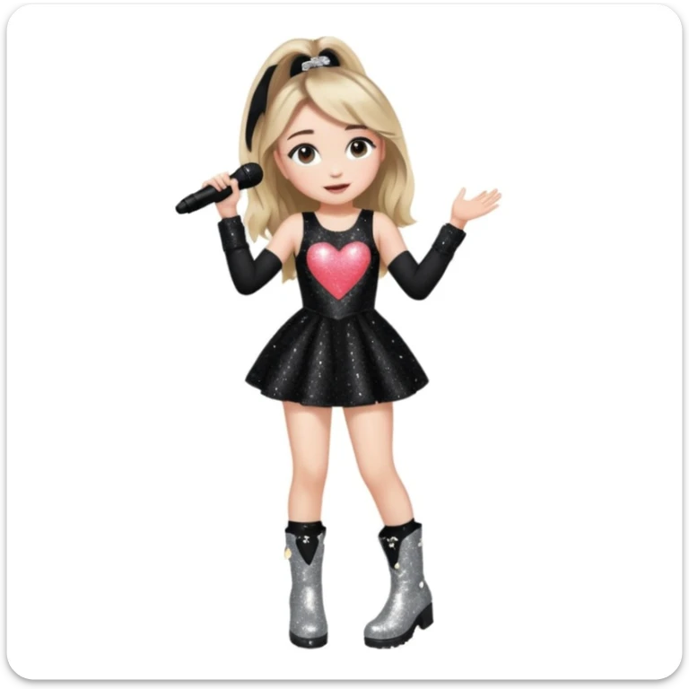 Sabrina carpenter singing at a concert wearing a black sparkly mini dress with silver at the end, with silver sparkly boots with heart cut out on the side sticker