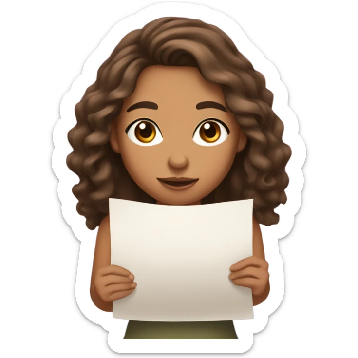 girl with olive skin, brown eyes and brown long wavy hair, holding a paper sticker