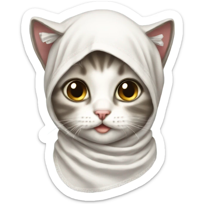 Kitten wearing a headscarf tied under the chin like a babushka sticker