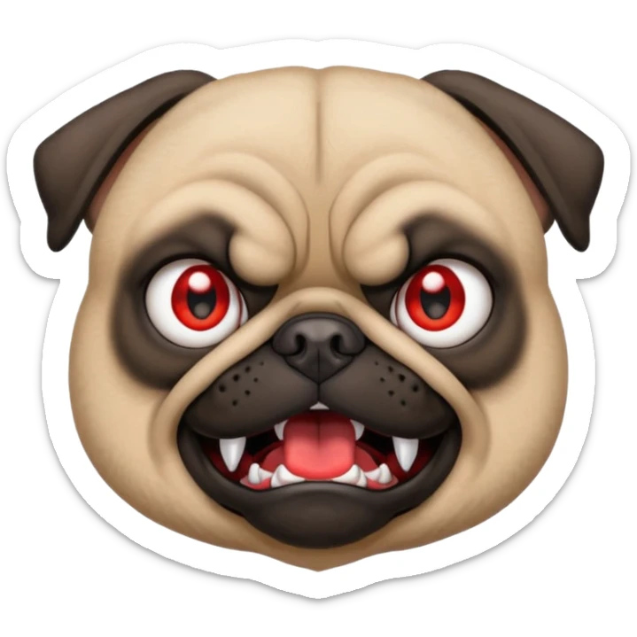 angry pug emoji with intense red eyes, small fangs, black spiked collar, fierce but funny expression, 2D bright and clean style, attitude of fury or rebelliousness with a comic touch sticker