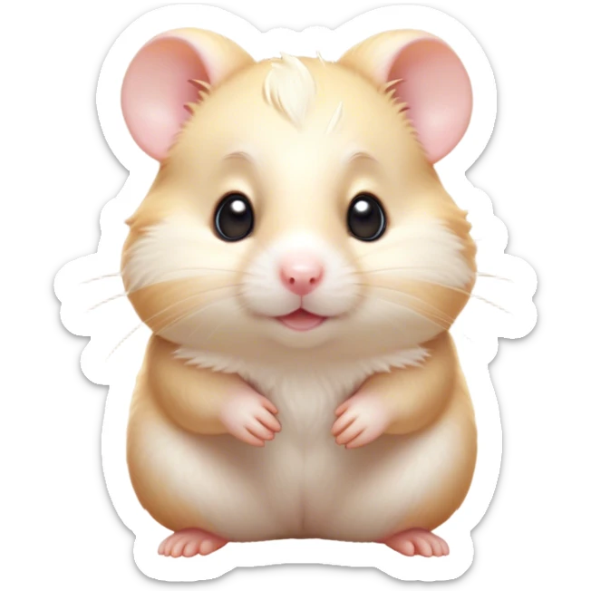 Cinematic Cute Cream Hamster Portrait Emoji, Head tilted playfully and inquisitively, featuring a silky, pristine cream fur with a gentle sheen, round, sparkling dark eyes filled with curiosity, Simplified yet irresistibly adorable features, highly detailed, glowing with a warm, friendly glow, high shine, affectionate and lively, stylized with a touch of whimsy, bright and endearing, soft glowing outline, capturing the essence of a mischievous yet loving hamster, so playful it feels like it could dash out of the screen and into your arms! sticker