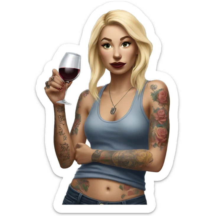 Blonde women in, her body covered with tattoos, wine in her one hand, pointing forward with her other hand , Hyper realistic  sticker