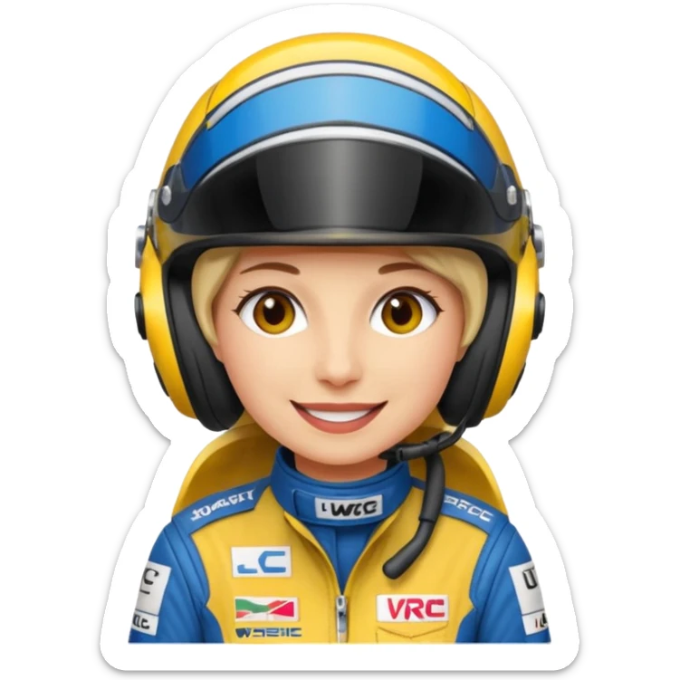 Je souhaiterai un emoji d'une femme, pilote de rallye WRC qui porte un casque et une combinaison aux couleurs de la marque LU sticker
