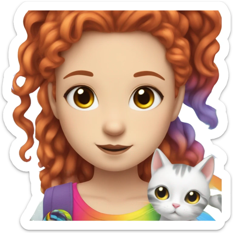 a white girl with long red curly hair in a pony tail with rainbow shirt does peace sign wearing cat ears one black other white sticker