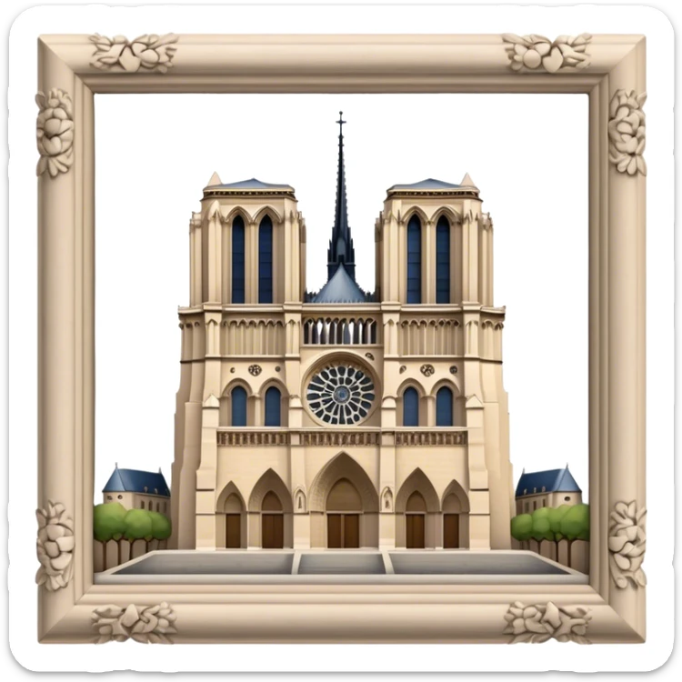 Cinematic Realistic Notre-Dame Cathedral Landmark Emoji, showcasing the Gothic splendor of the cathedral rendered with detailed stone carvings and majestic, soft lighting. sticker