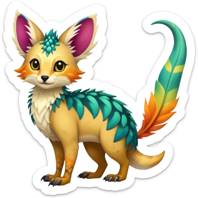Feral Rare Fantasy vibrant colorful tropical Vernid-Trico-species by LiLaiRa, random markings, tufted tail, tufted ears, full body sticker