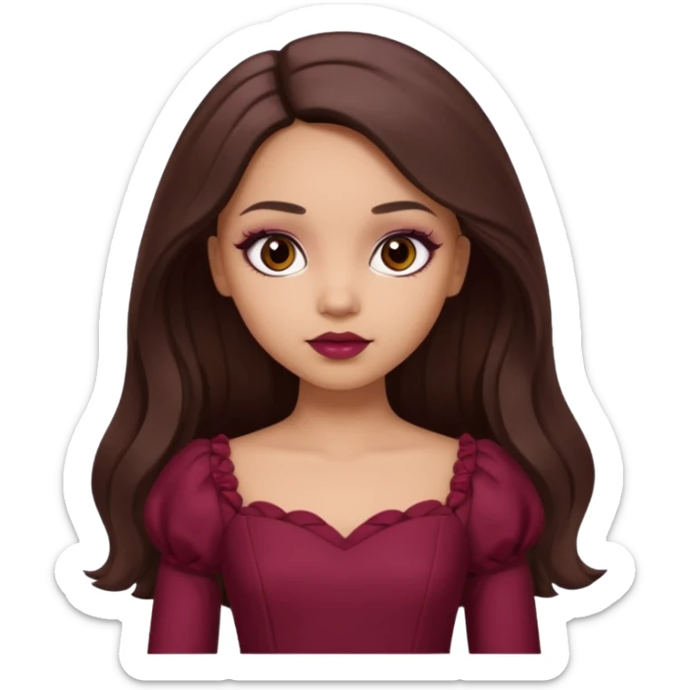 a light skin girl with long brunette hair. with dark brown eyes and slightly slanted. wear a doll like make-up with maroon dress.  sticker