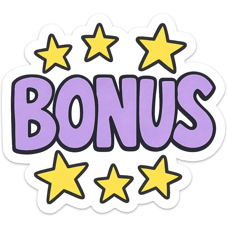 the word BONUS in large letters, all the same vibrant color, surrounded by stars, no background or sign behind, just the letters and stars, vibrant cartoon style QUIERO EXACTAMENTE IGUAL SOLO QUE LAS LETRAS DEBEN SER VIOLETA PASTEL Y LAS ESTRELLAS AMARILLAS sticker