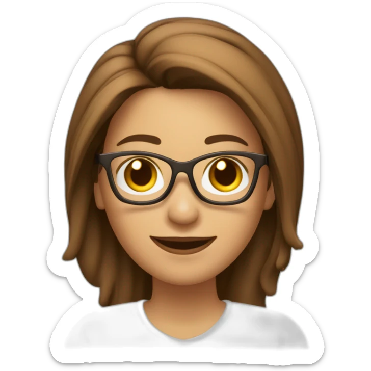 mujer feliz con piel blanca con gafas cabello en el hombro y de color marron con un computador sticker